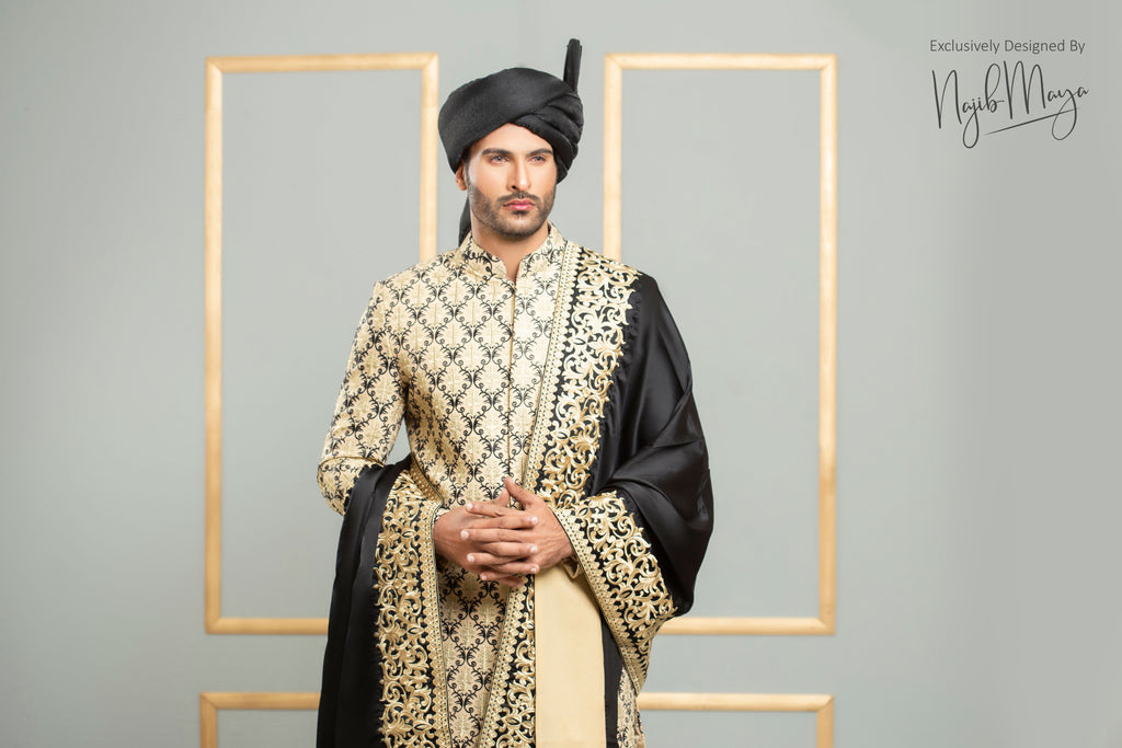 Golden Sherwani With Black Shall For Men's