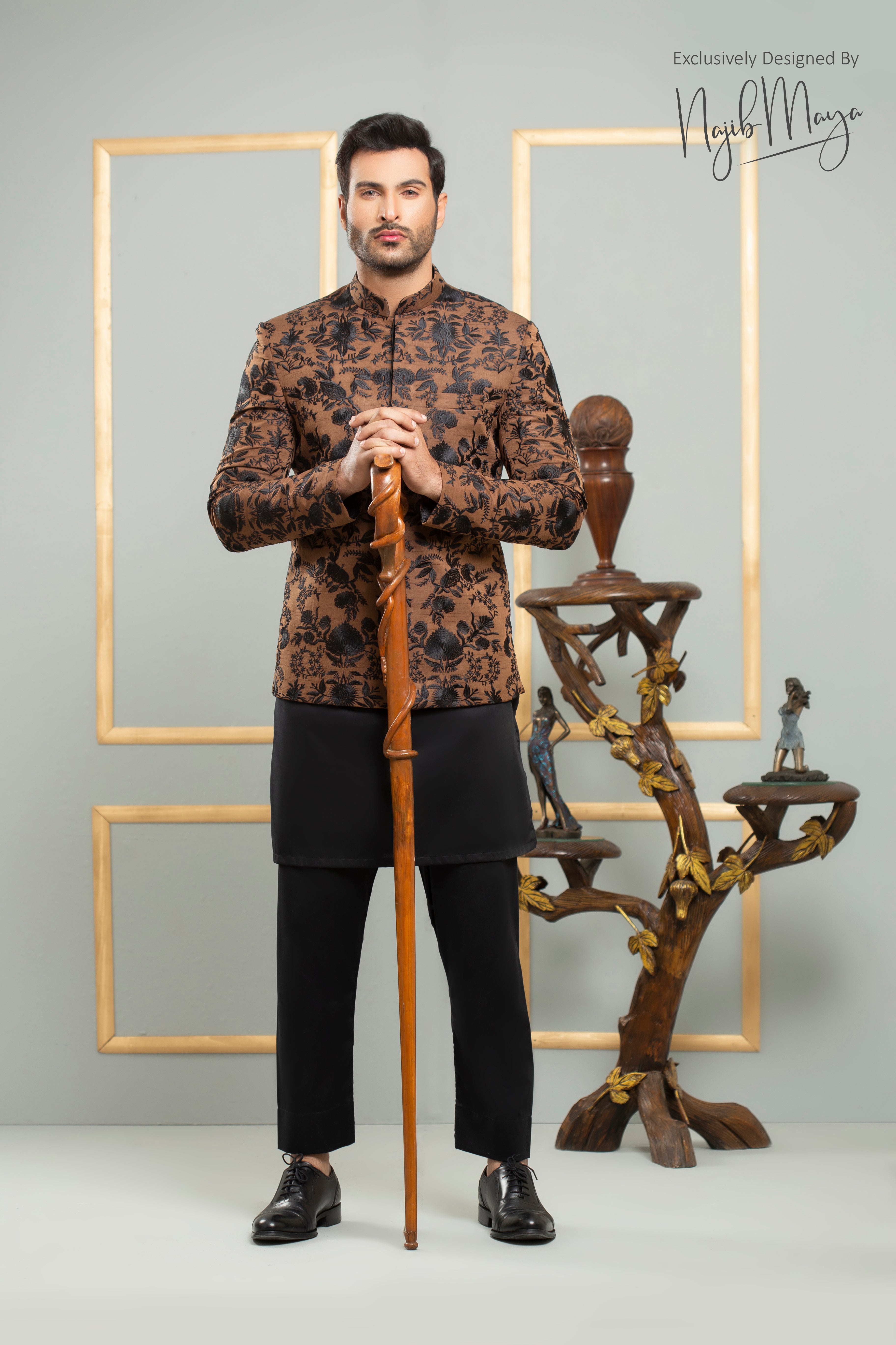 Black & Brown Sequence Embroidery Prince Coat For Men's Main image