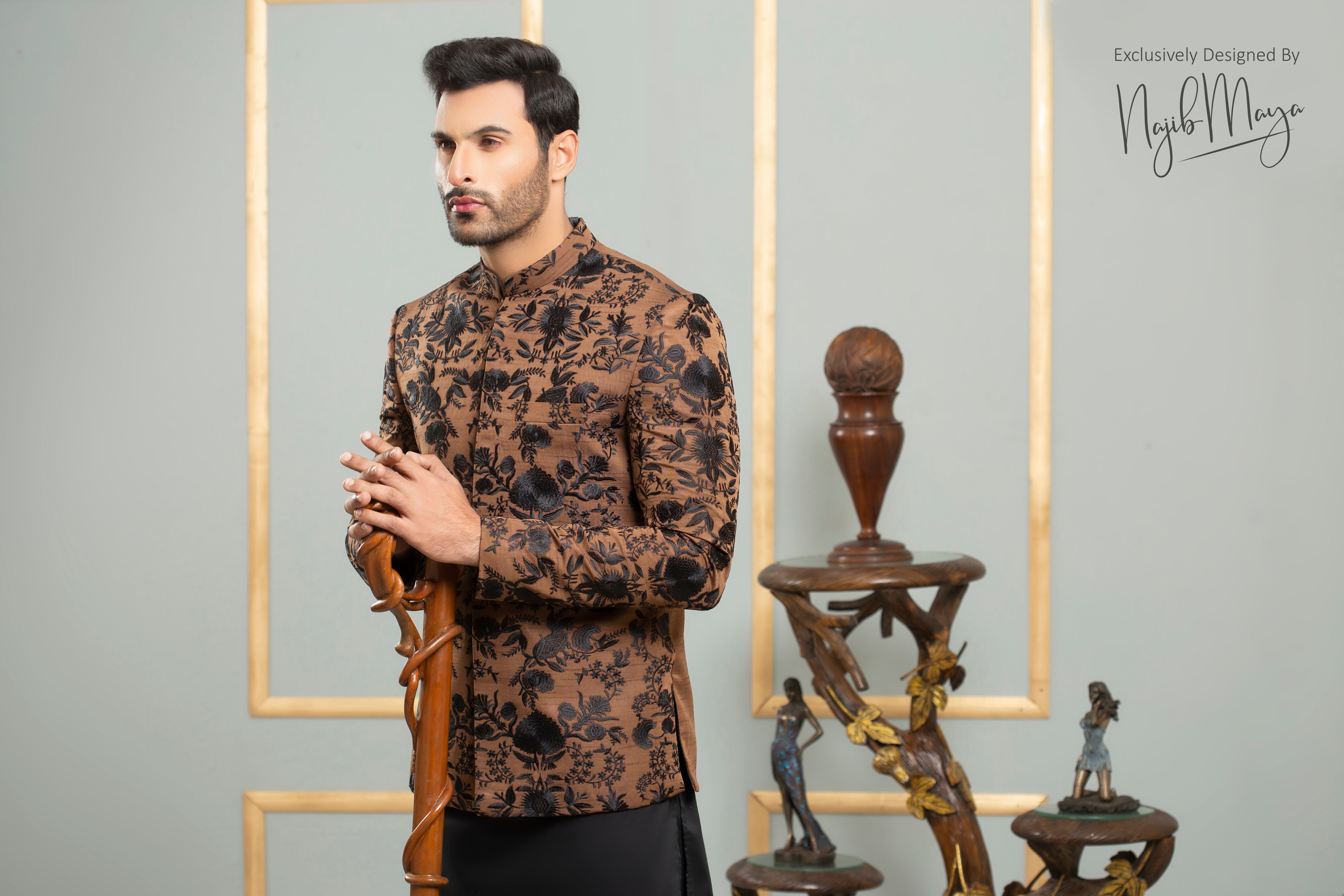 Black & Brown Sequence Embroidery Prince Coat For Men's Secondary image