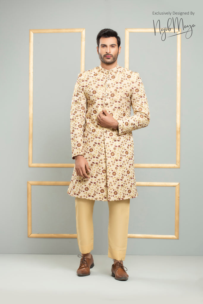 Beige With Golden Embroidered Sherwani For Men's