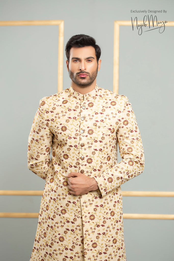 Beige With Golden Embroidered Sherwani For Men's