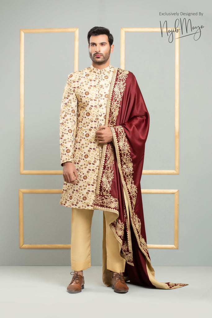 Beige With Golden Embroidered Sherwani For Men's