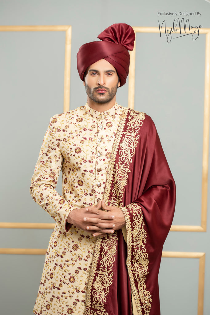 Beige With Golden Embroidered Sherwani For Men's