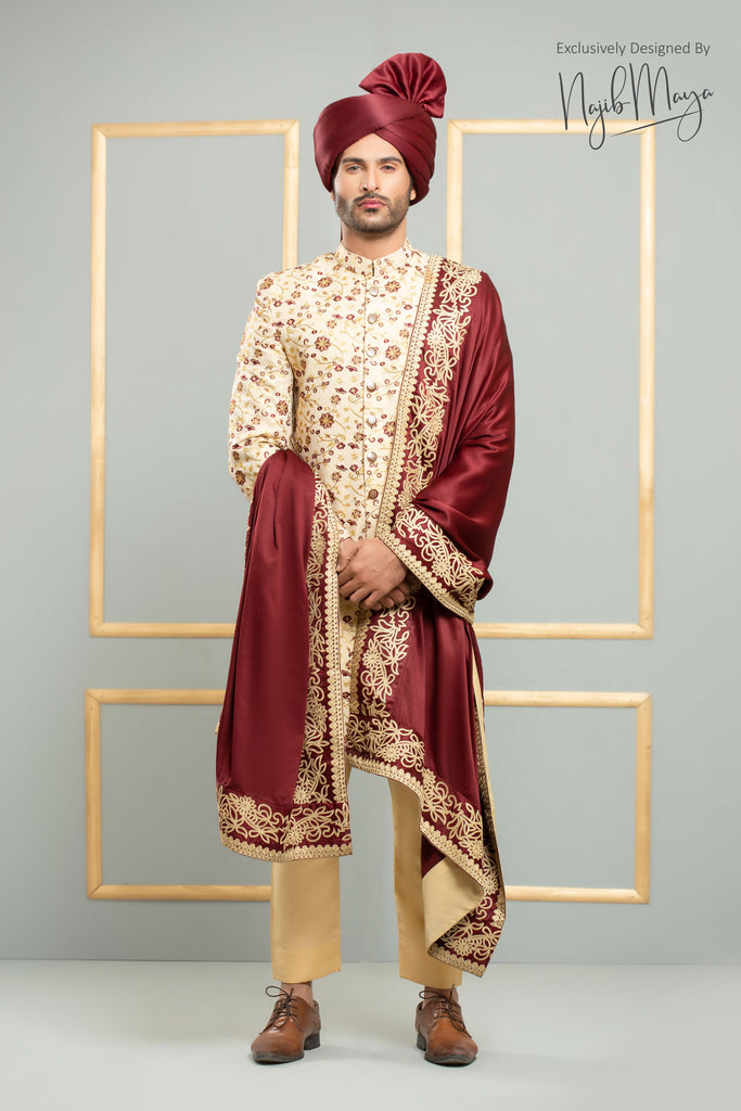 Beige With Golden Embroidered Sherwani For Men's