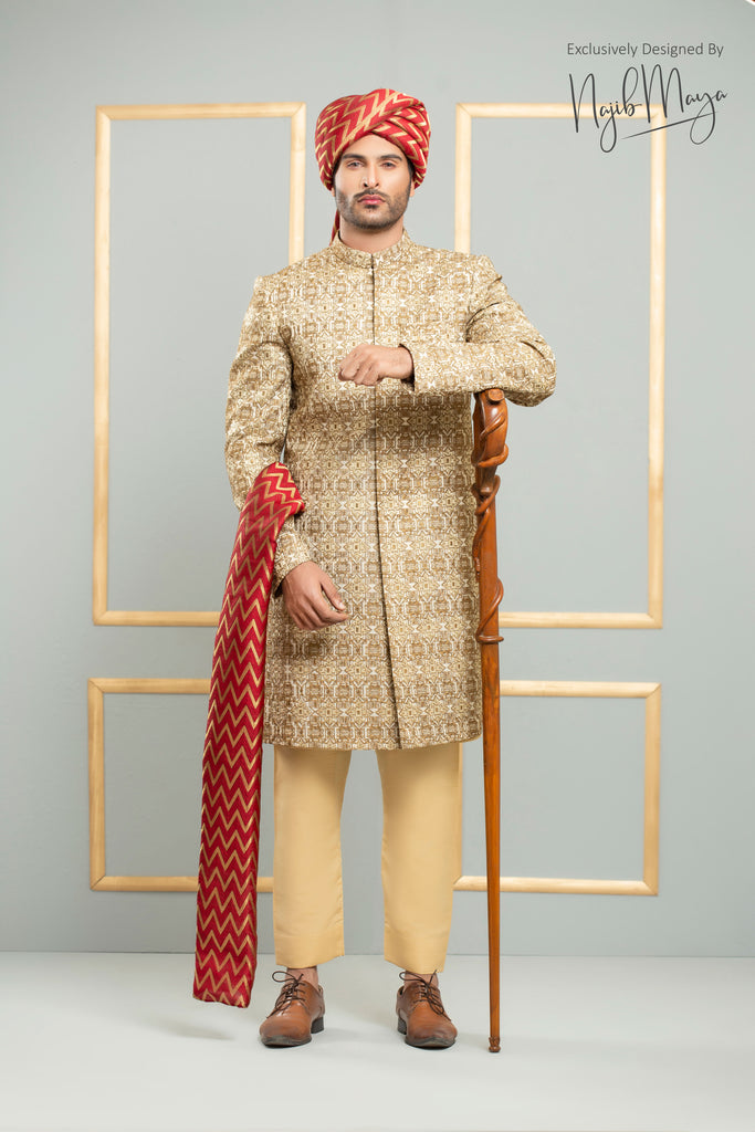 Golden Traditional Embroidered Sherwani For Men's