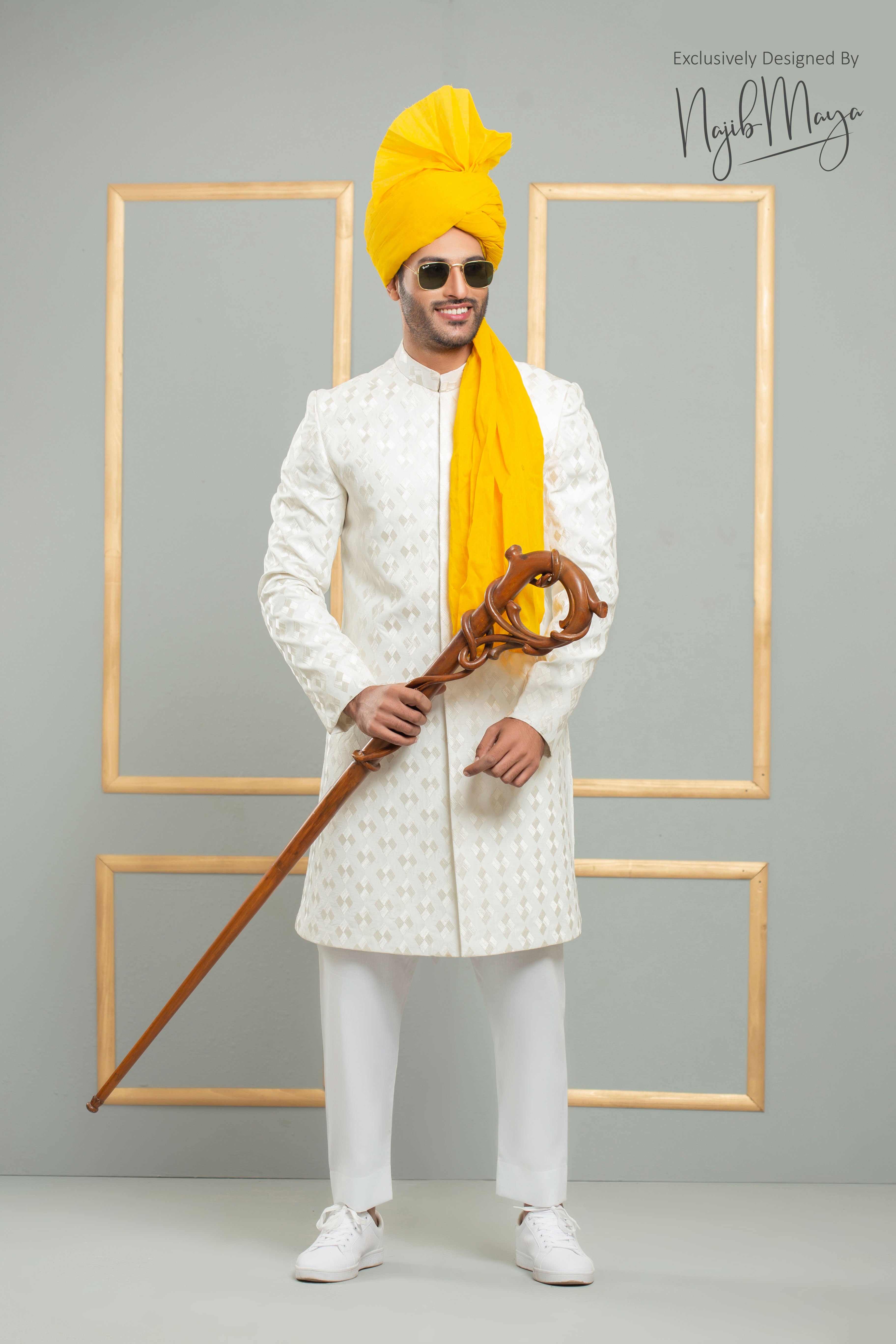 White Traditional Embroidered Sherwani With Yellow Turban For Men's Secondary image