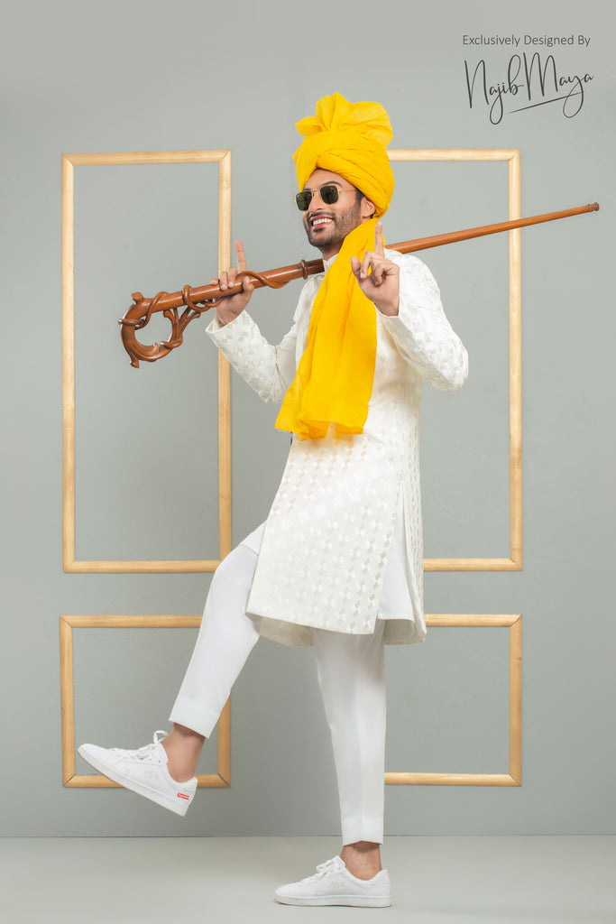 White Traditional Embroidered Sherwani With Yellow Turban For Men's