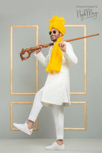 Load image into Gallery viewer, White Traditional Embroidered Sherwani With Yellow Turban For Men&#39;s
