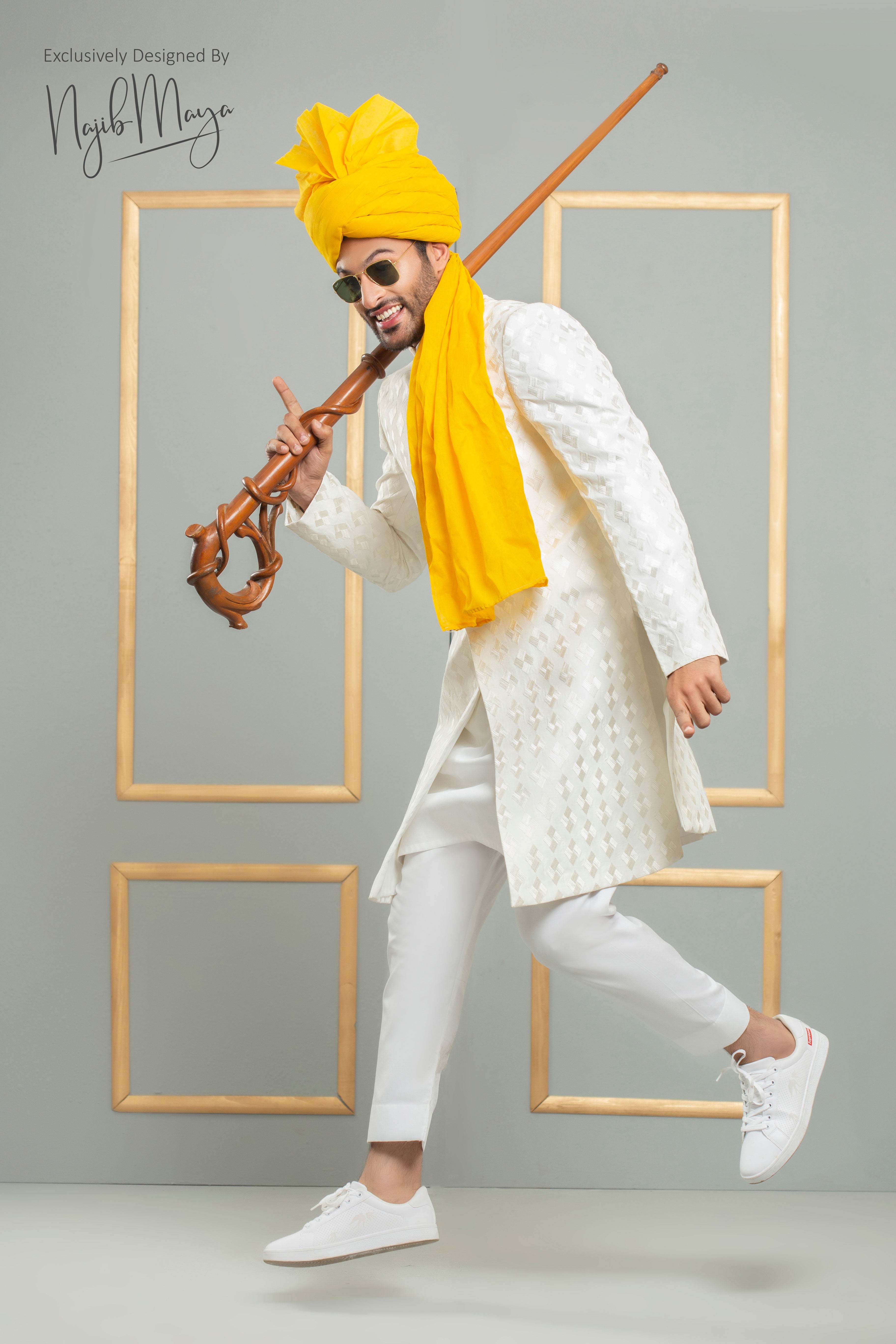 White Traditional Embroidered Sherwani With Yellow Turban For Men's Main image