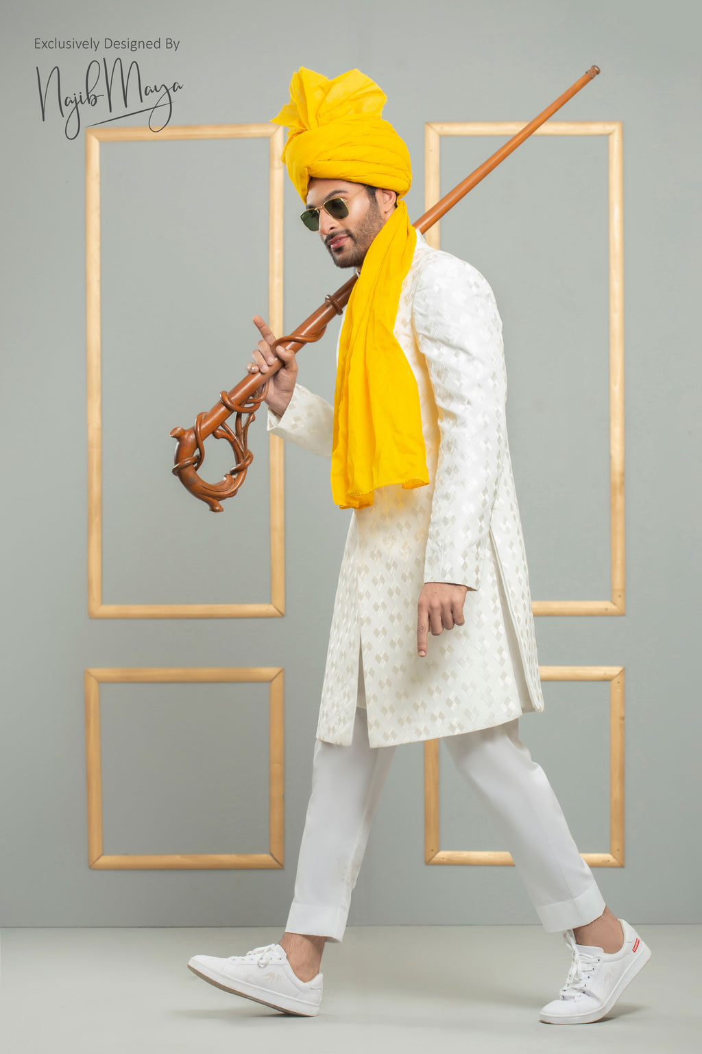 White Traditional Embroidered Sherwani With Yellow Turban For Men's