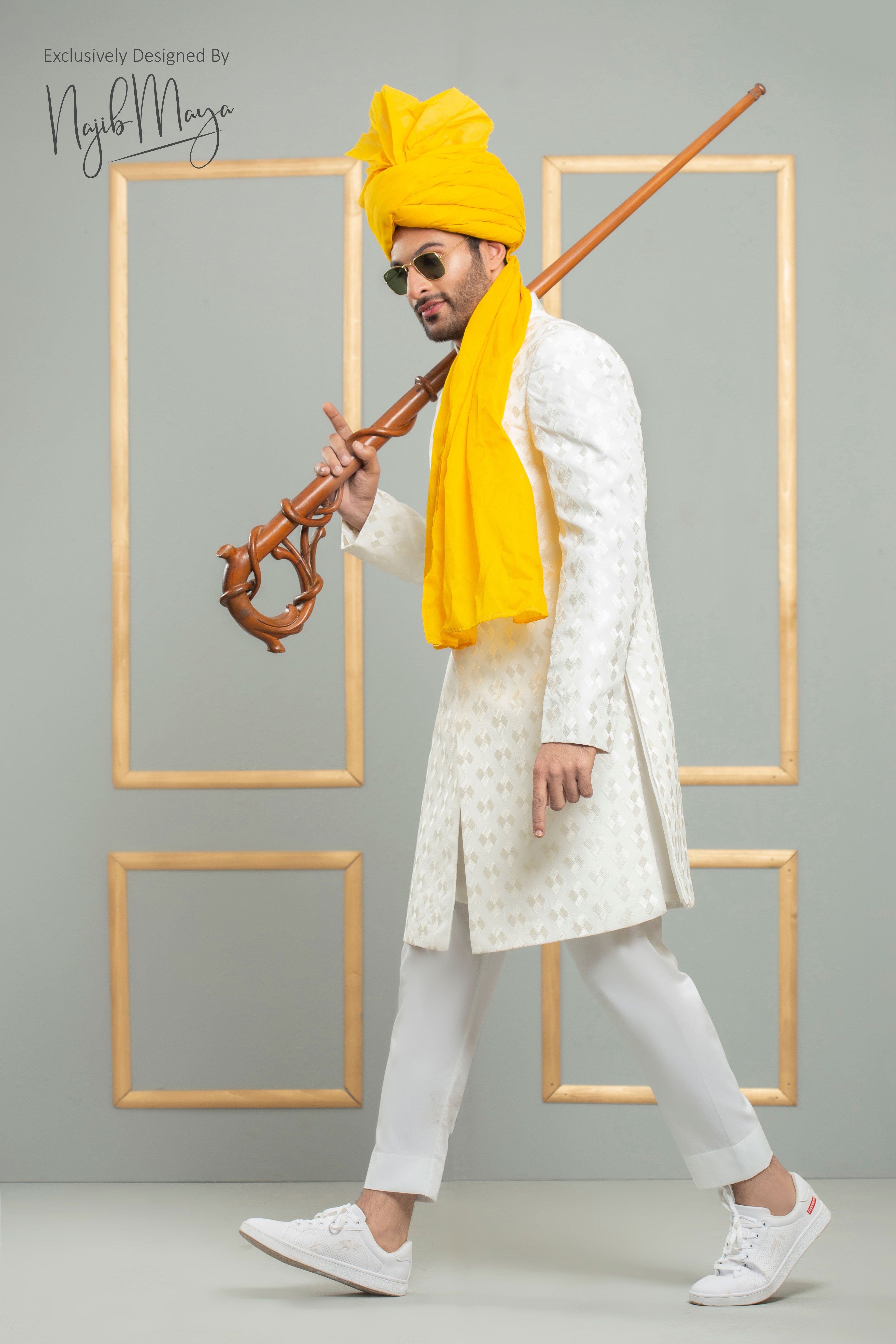 White Traditional Embroidered Sherwani With Yellow Turban For Men's