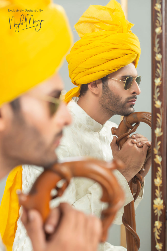 White Traditional Embroidered Sherwani With Yellow Turban For Men's