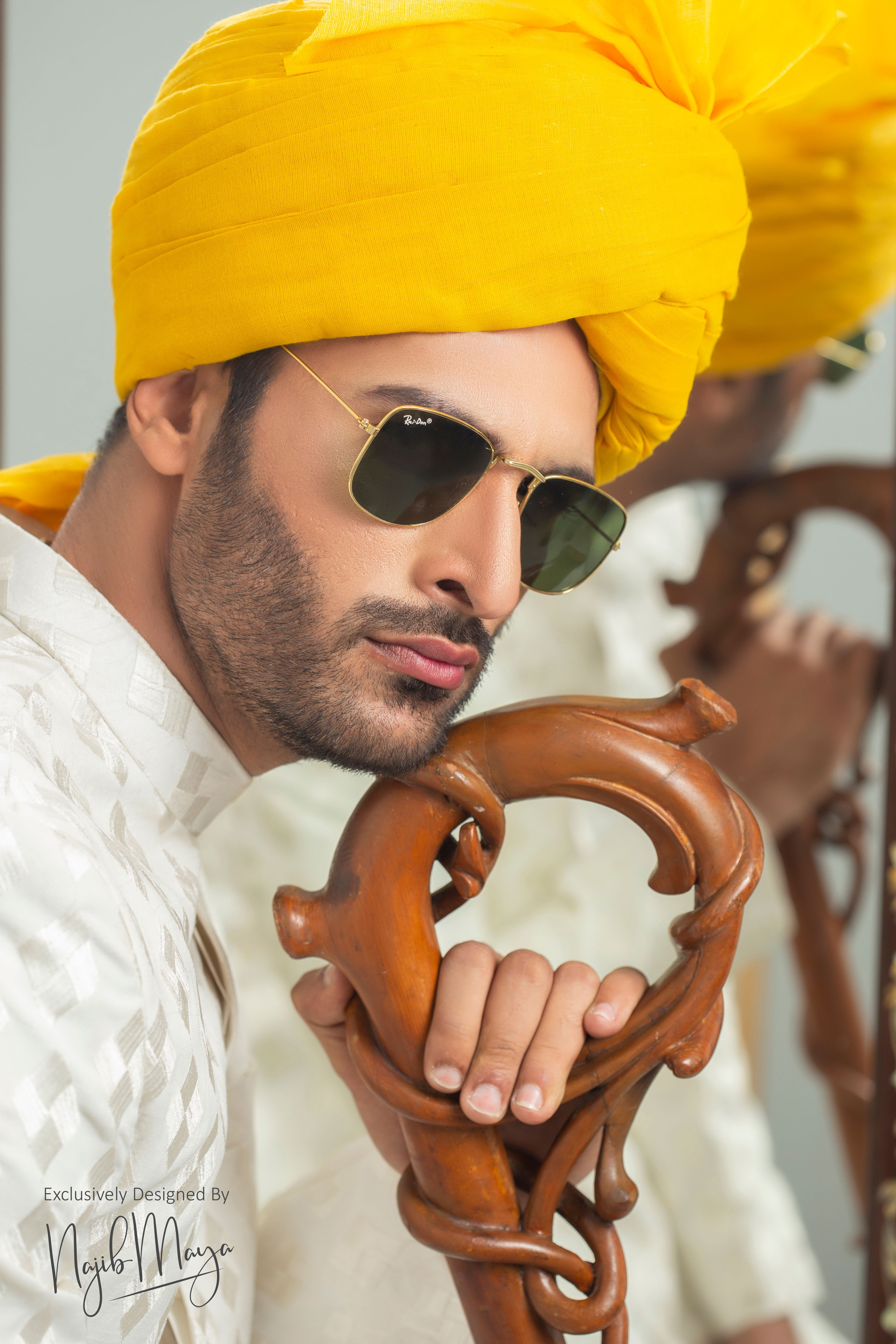 White Traditional Embroidered Sherwani With Yellow Turban For Men's