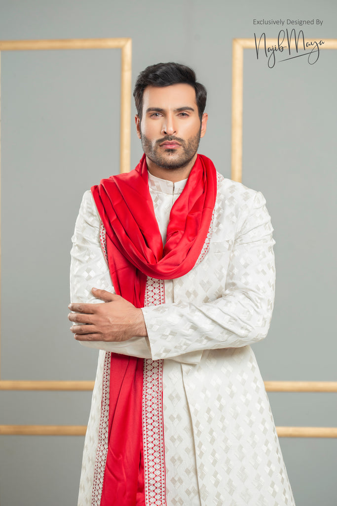 White Traditional Embroidered Sherwani With Yellow Turban For Men's