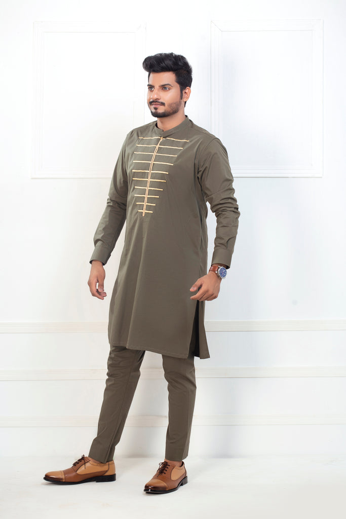 Army Green Embroidered Kurta Pajama For Men's