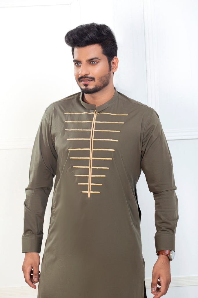 Army Green Embroidered Kurta Pajama For Men's