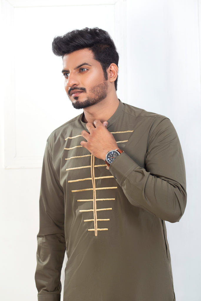 Army Green Embroidered Kurta Pajama For Men's