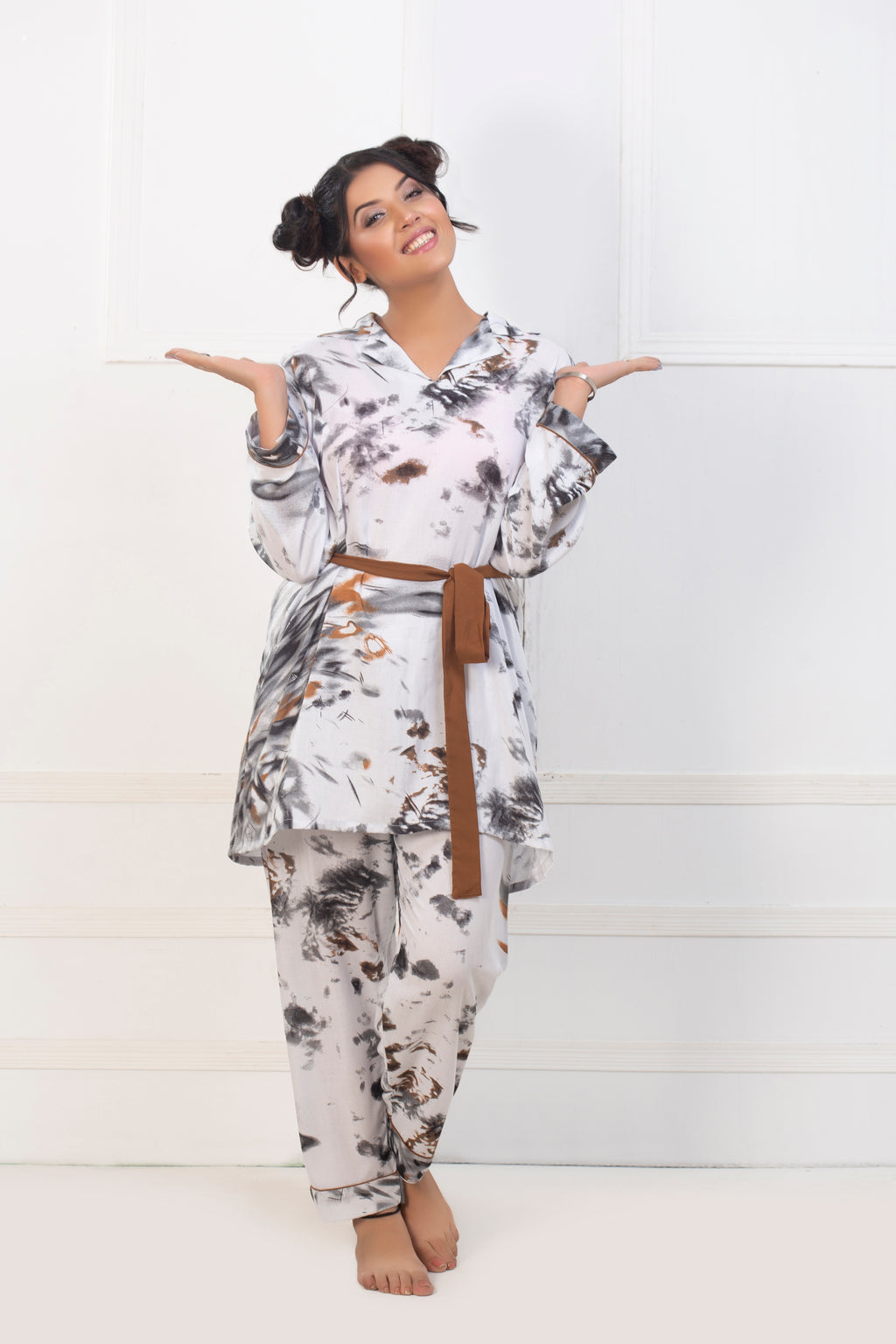 White & Gray Printed Night Suit
