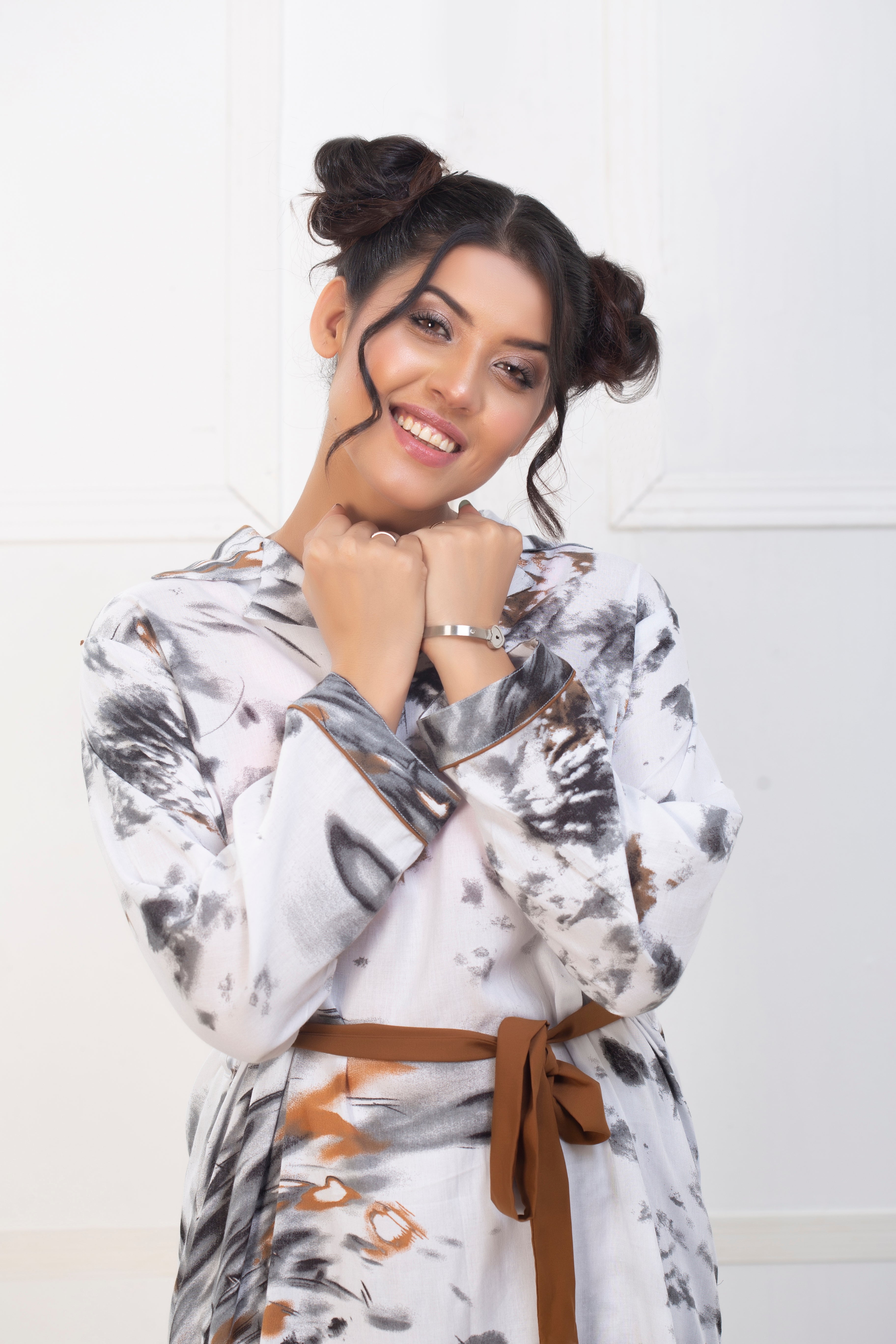 White & Gray Printed Night Suit