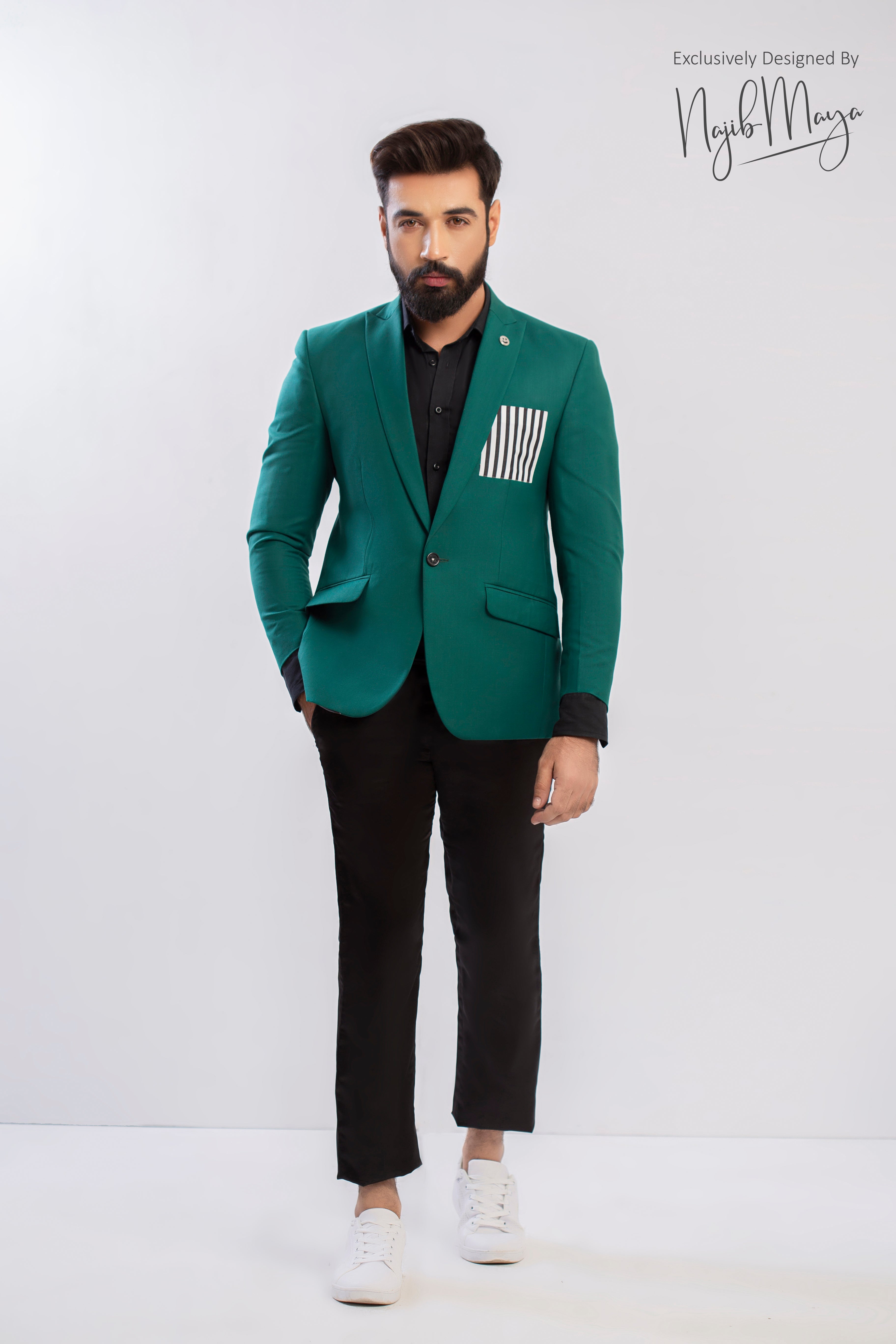 Green Coat With Pocket Contrast Elegent Coat Pent For Men's Main image