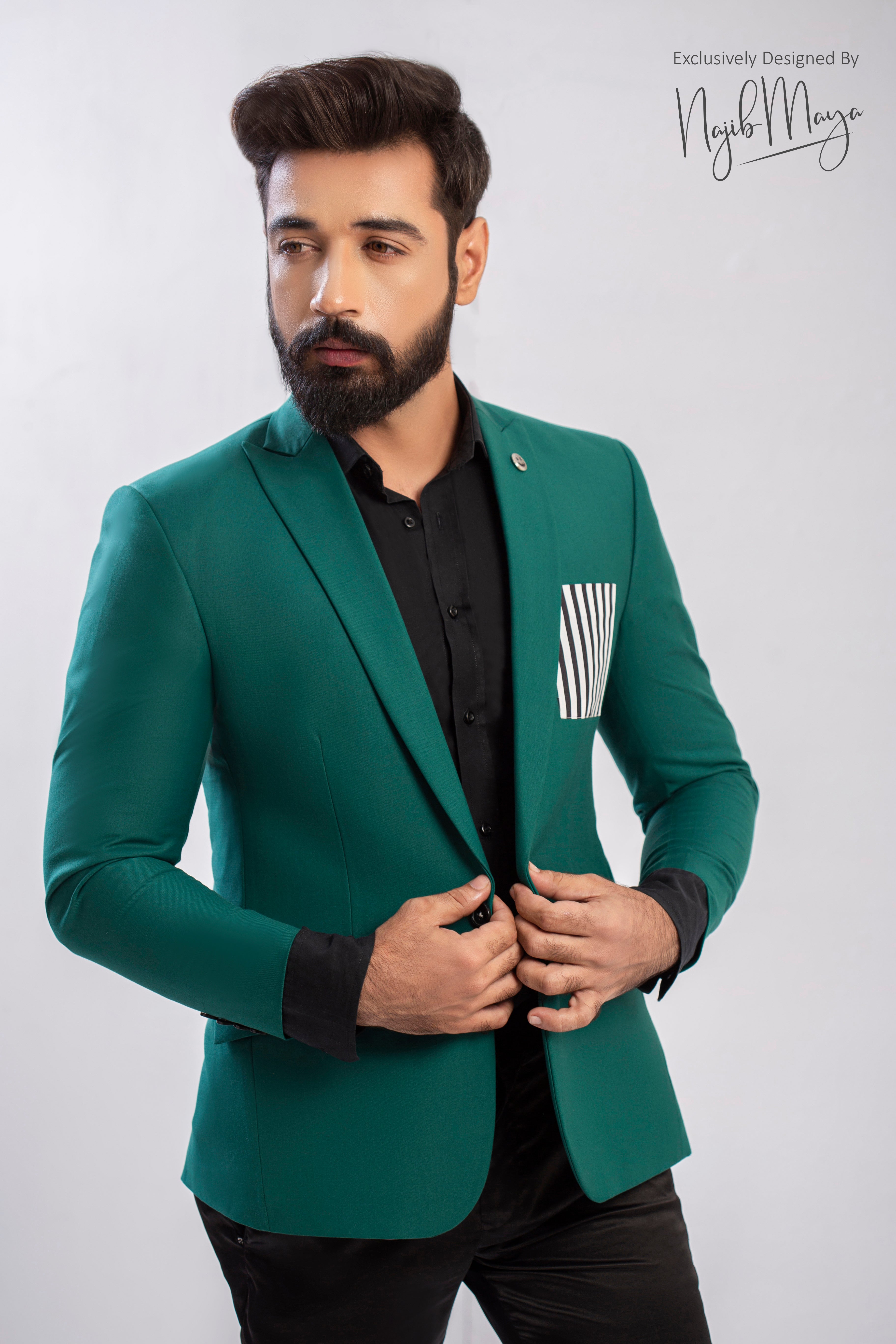 Green Coat With Pocket Contrast Elegent Coat Pent For Men's Secondary image