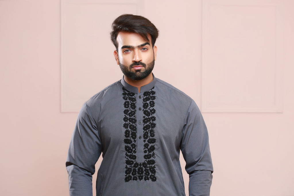 Grey Embroidery Kurta Pajama For Men's