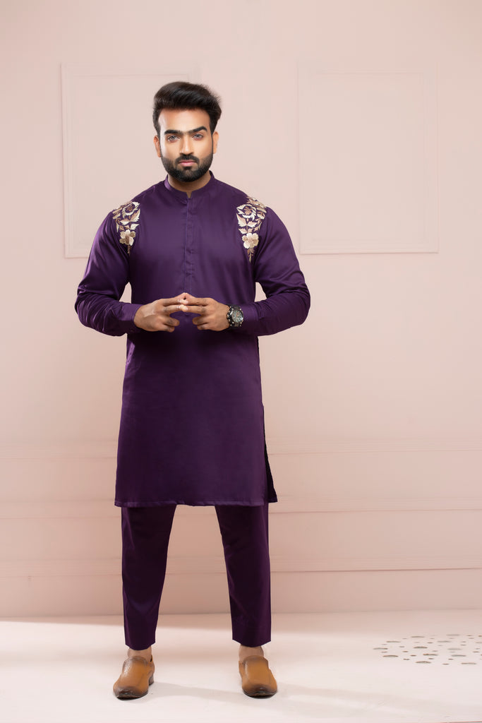 Purple With Golden Embroidery Kurta Pajama For Men's