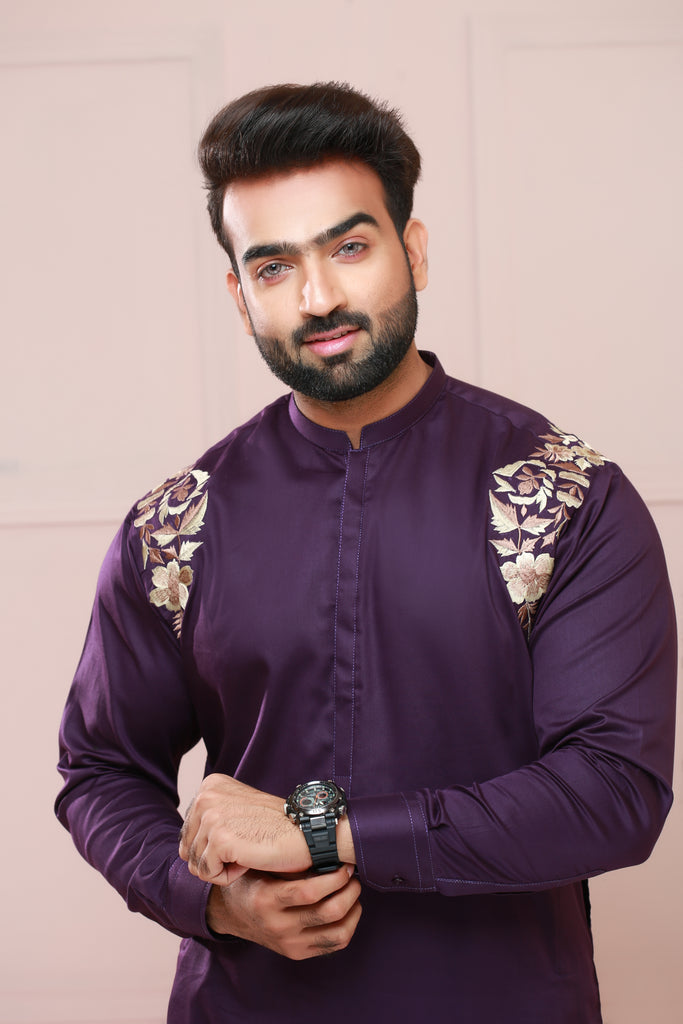 Purple With Golden Embroidery Kurta Pajama For Men's