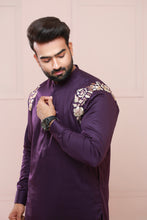Load image into Gallery viewer, Purple With Golden Embroidery Kurta Pajama For Men&#39;s