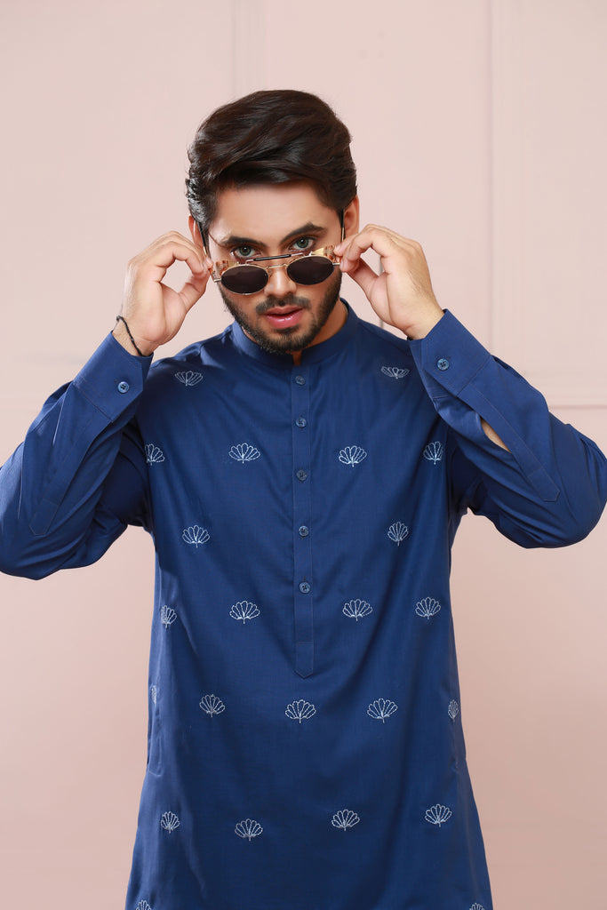 Blue Embroidery Kurta Pajama For Men's