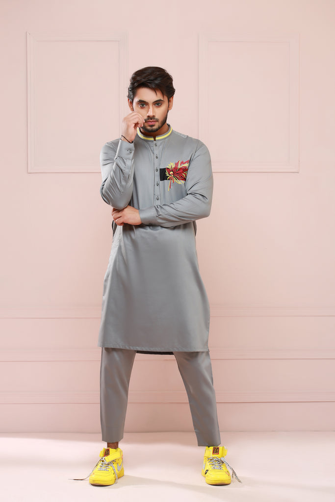 Grey Embroidery Kurta Pajama For Men's