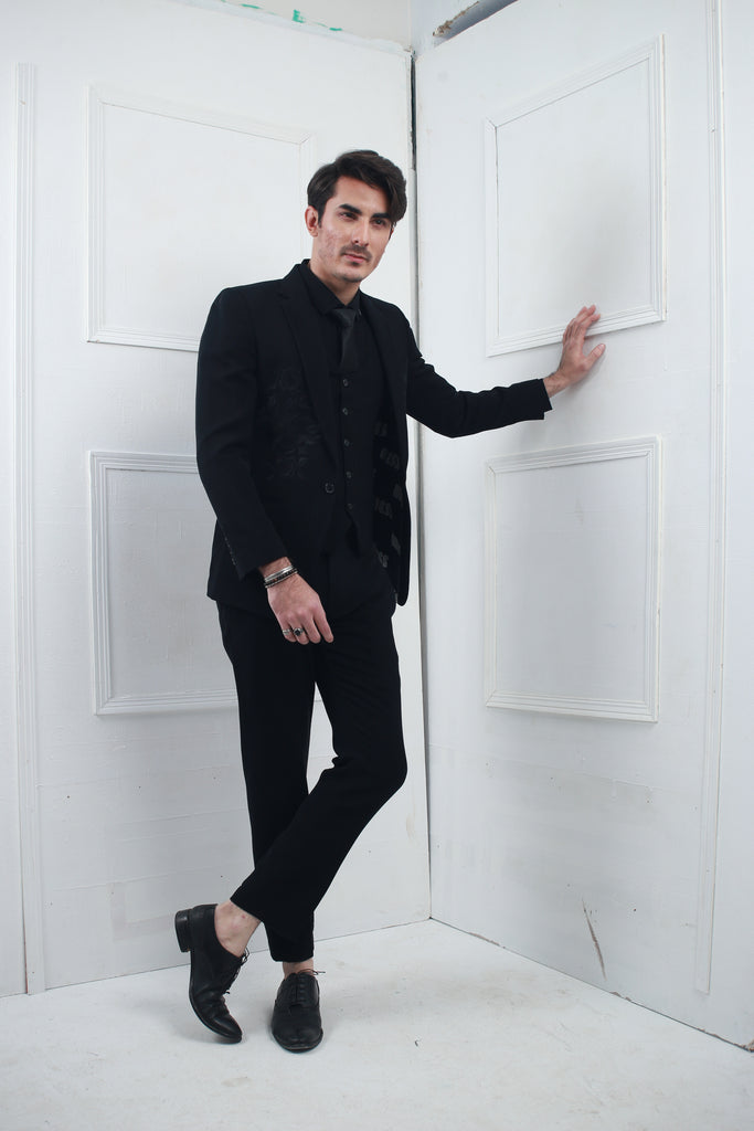 Black Embroidery Coat Pant For Men's