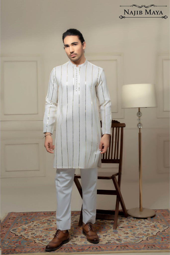 White Sequence Embroidered Kurta Pajama For Men's
