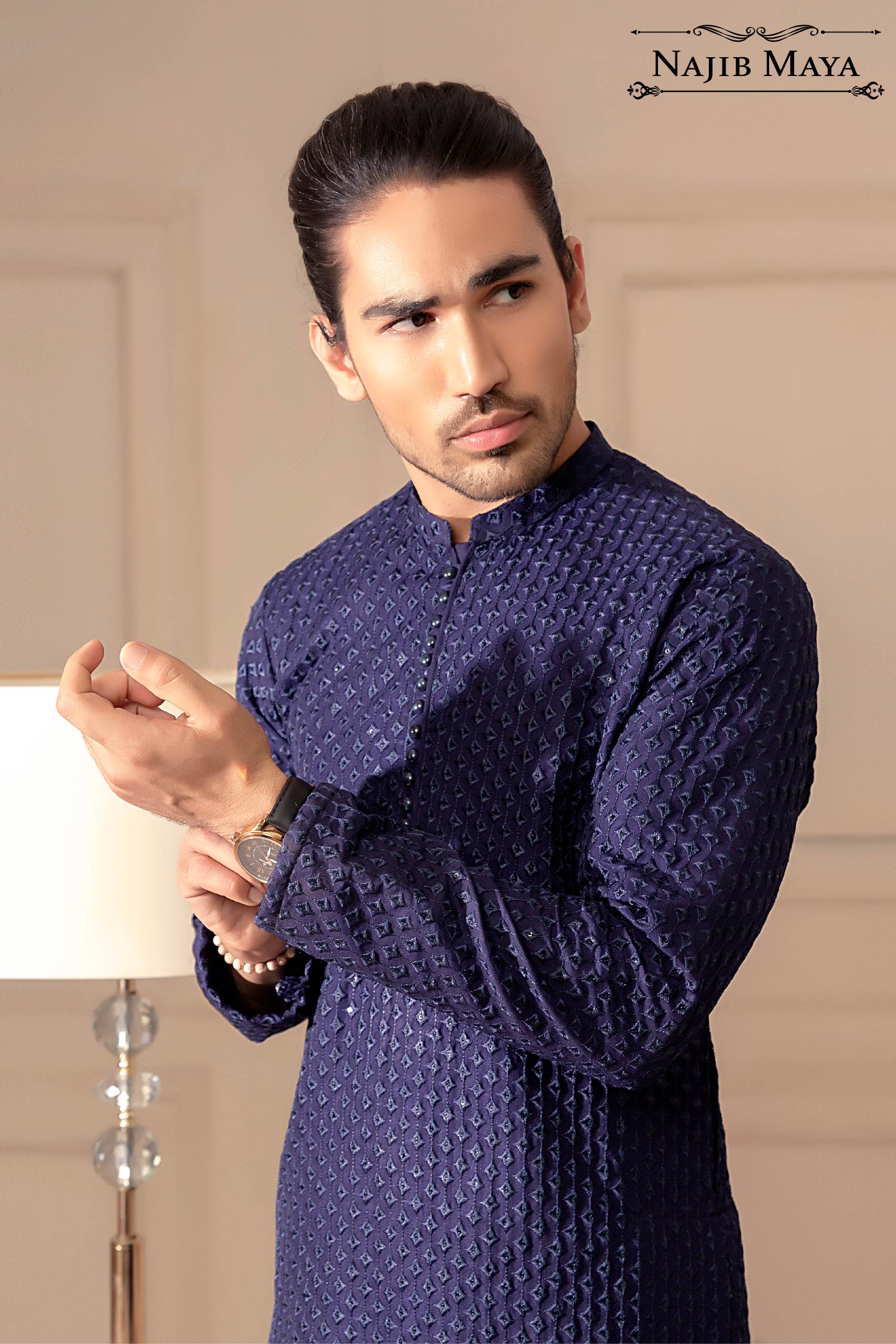Navy Blue Embroidered Kurta Pajama For Men's Secondary image