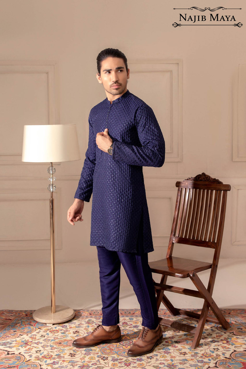 Navy Blue Embroidered Kurta Pajama For Men's