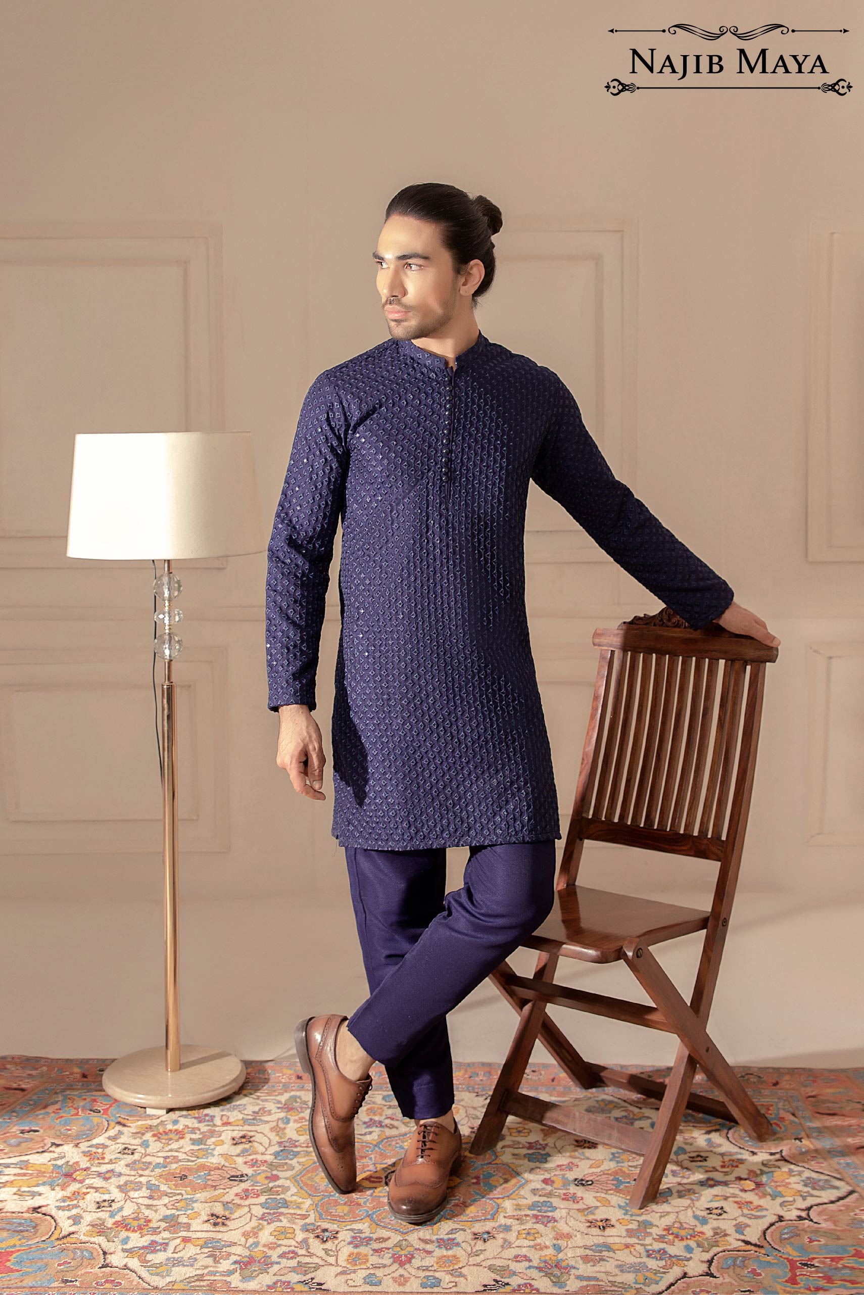 Navy Blue Embroidered Kurta Pajama For Men's Main image