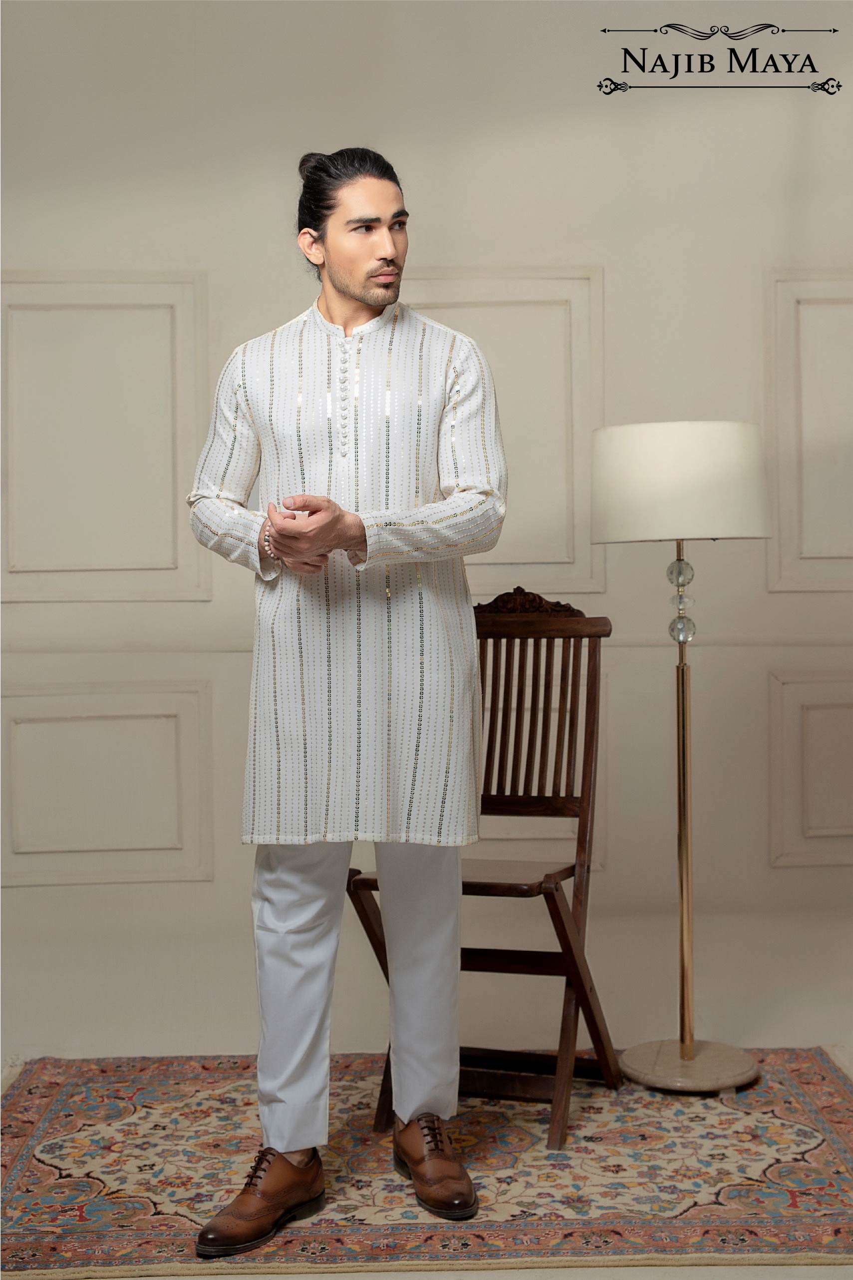 White Sequence Embroidered Kurta Pajama For Men's Main image