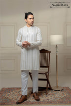 White Sequence Embroidered Kurta Pajama For Men's