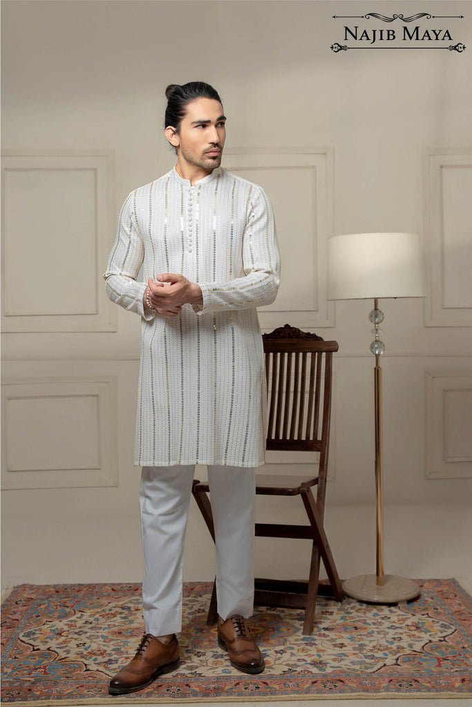 White Sequence Embroidered Kurta Pajama For Men's