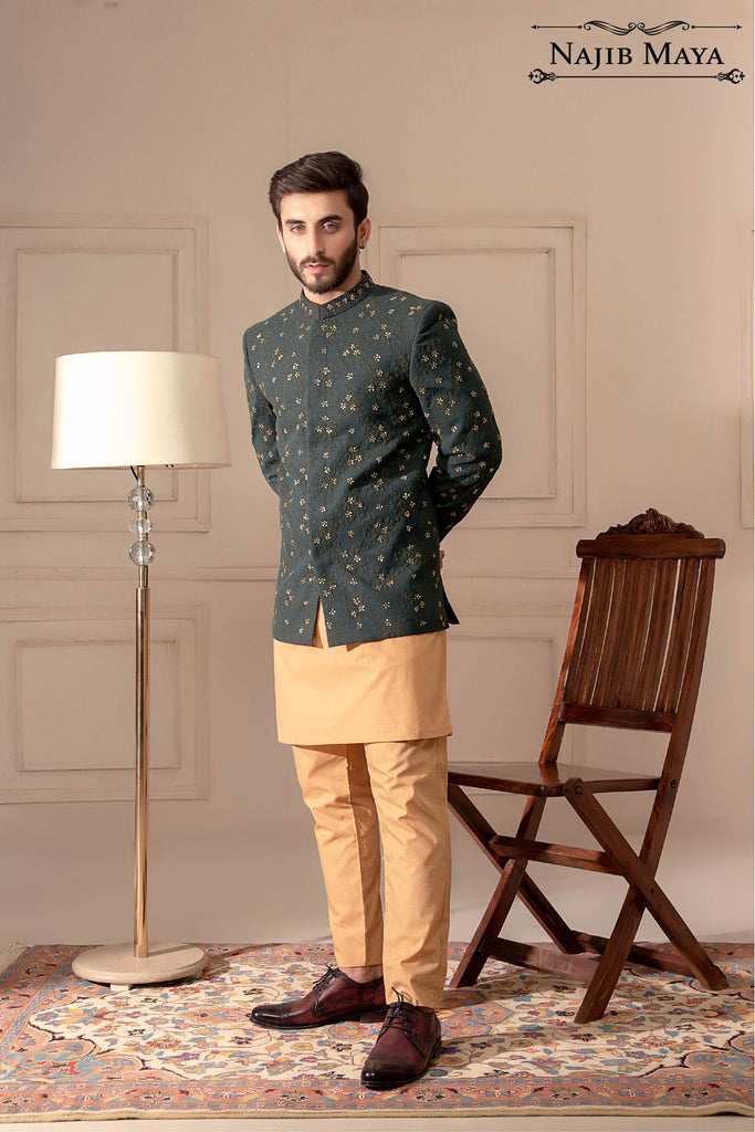 Green Embroidered Prince Coat For Men's