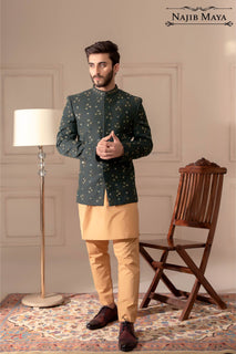 Green Embroidered Prince Coat For Men's
