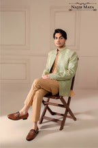 Pista Green & Golden Embroidered Prince Coat For Men's