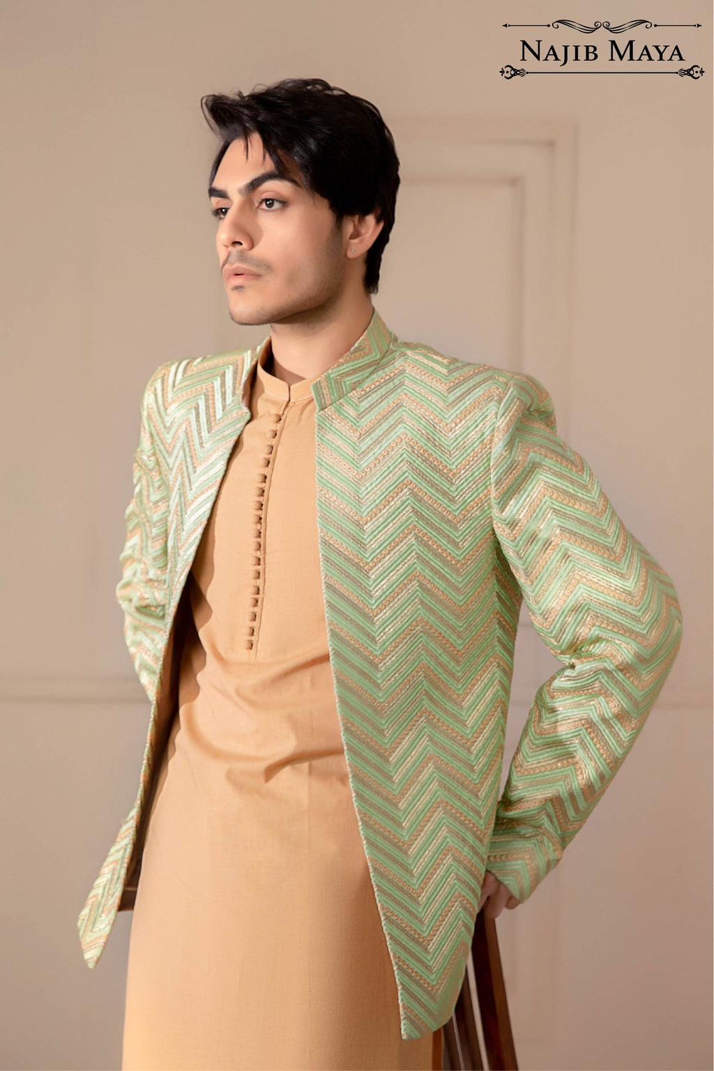 Pista Green & Golden Embroidered Prince Coat For Men's