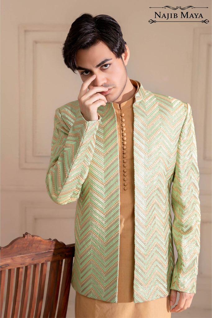 Pista Green & Golden Embroidered Prince Coat For Men's