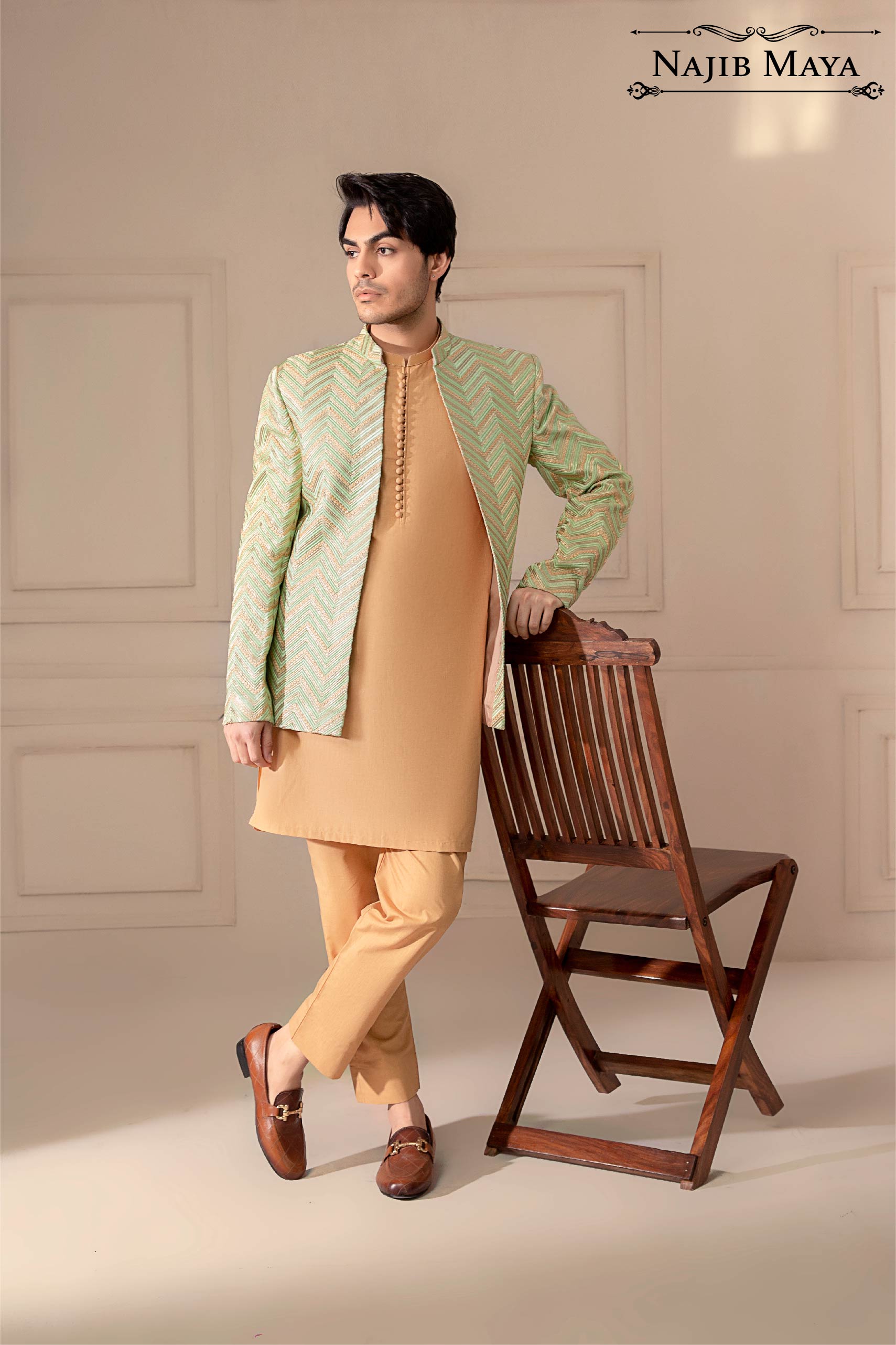Pista Green & Golden Embroidered Prince Coat For Men's Main image