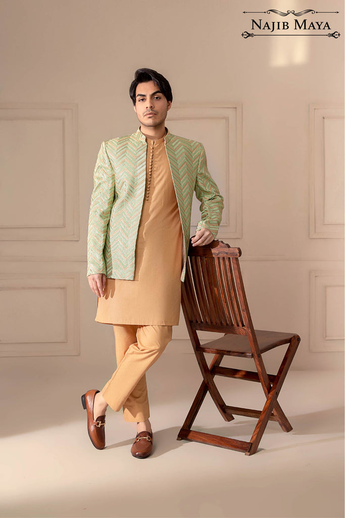 Pista Green & Golden Embroidered Prince Coat For Men's