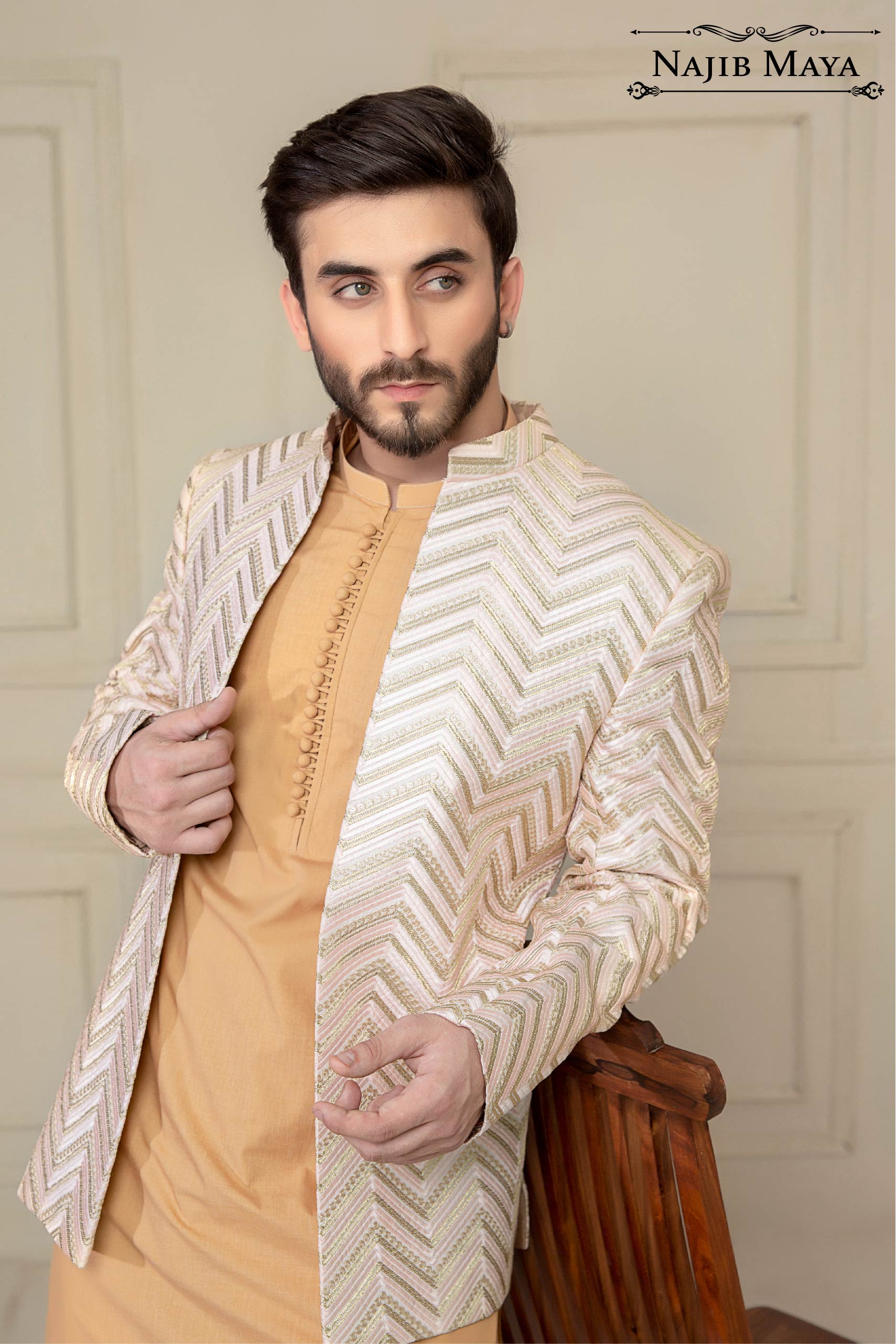 Pink & Golden Embroidered Prince Coat For Men's