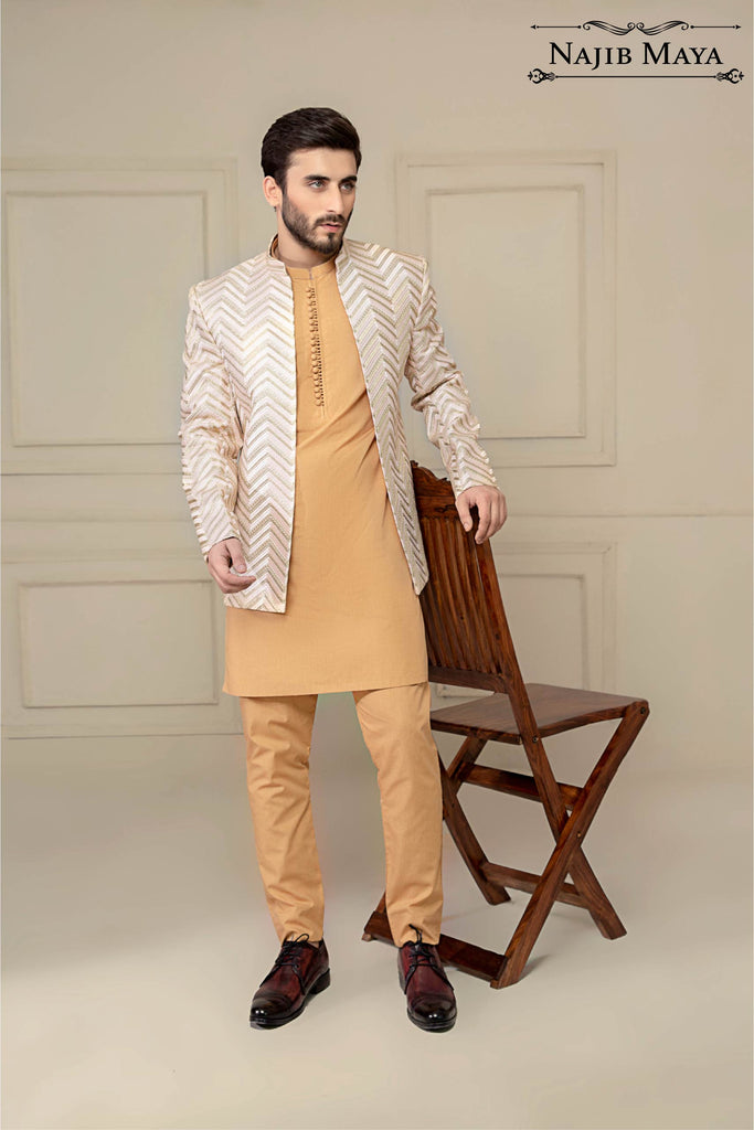 Pink & Golden Embroidered Prince Coat For Men's