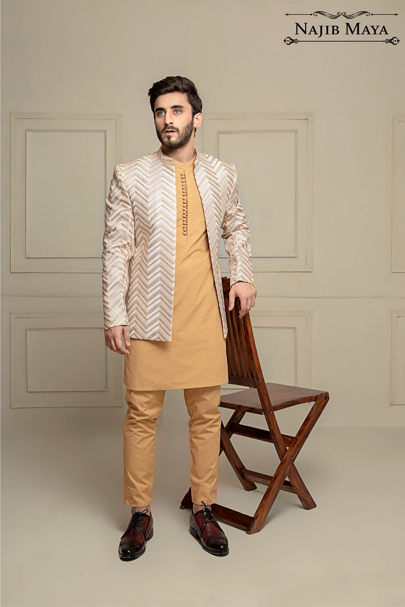 Pink & Golden Embroidered Prince Coat For Men's Main image