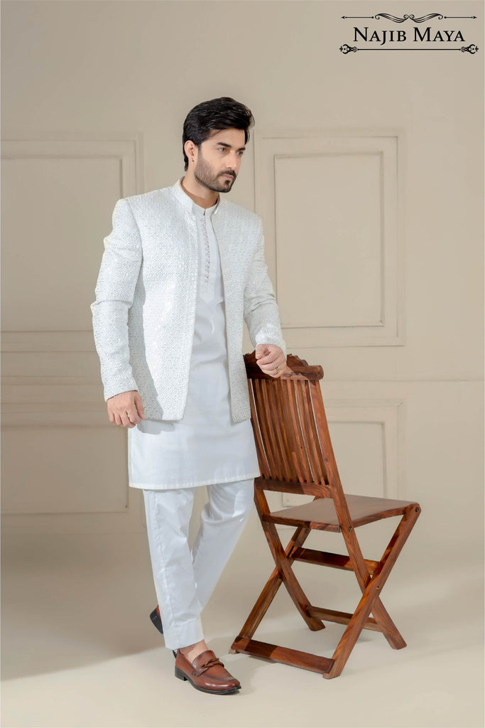 White Embroidered Prince Coat For Men's
